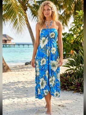 Sunny Island Hawaii Blue with White Hibiscus Floral Halter High Low Dress